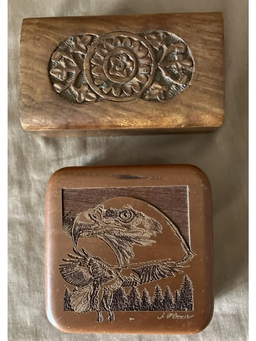 Lot Of 2 Carved Wood Boxes J. O’Connor Signed Eagle & Flower Carved Small Hinged